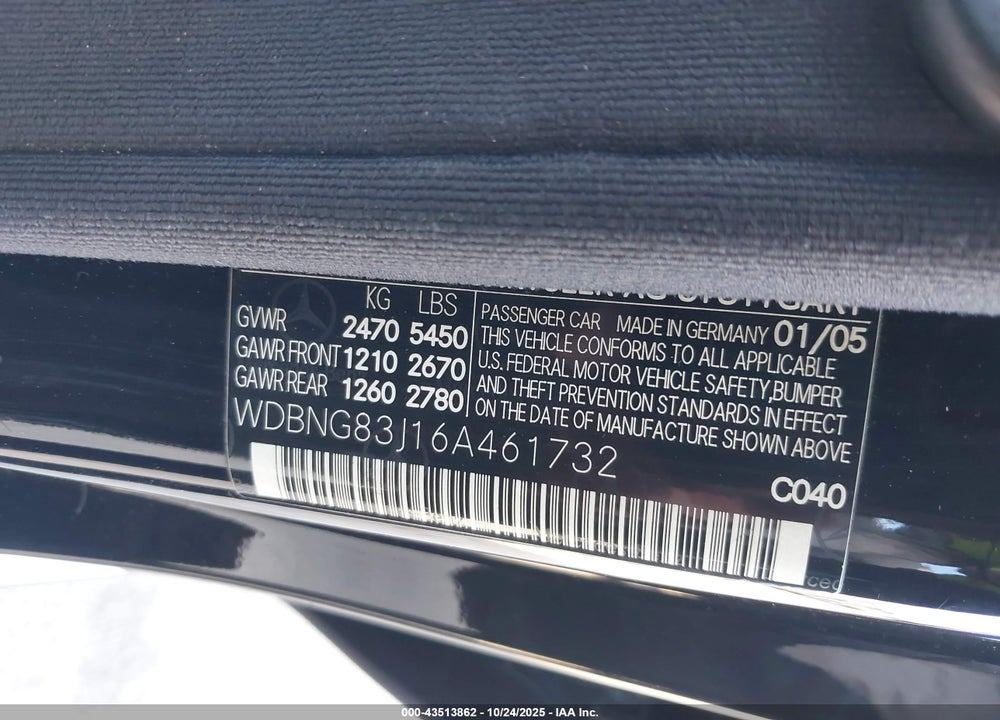 2006 MERCEDES-BENZ S CLASS VIN: WDBNG83J16A461732