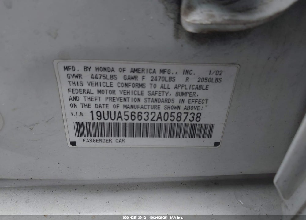 2002 ACURA TL 3.2 VIN: 19UUA56632A058738