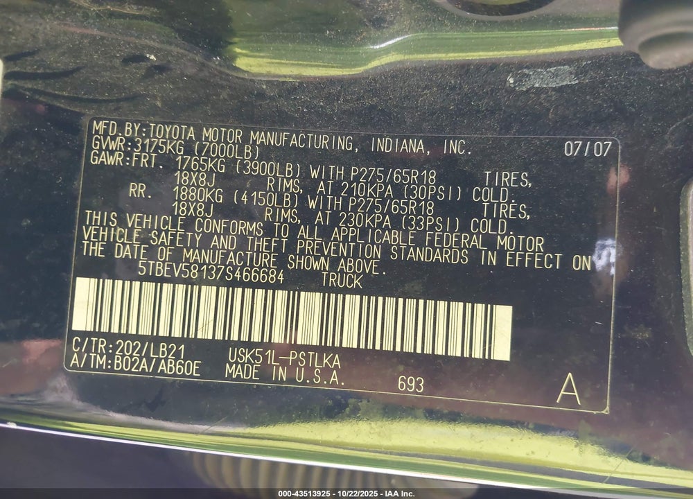 2007 TOYOTA TUNDRA LIMITED 5.7L V8 VIN: 5TBEV58137S466684