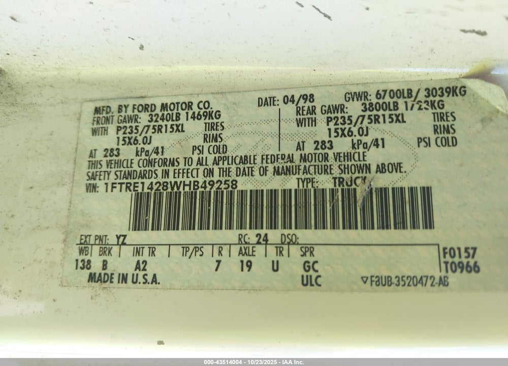 1998 FORD ECONOLINE COMMERCIAL/RECREATIONAL VIN: 1FTRE1428WHB49258