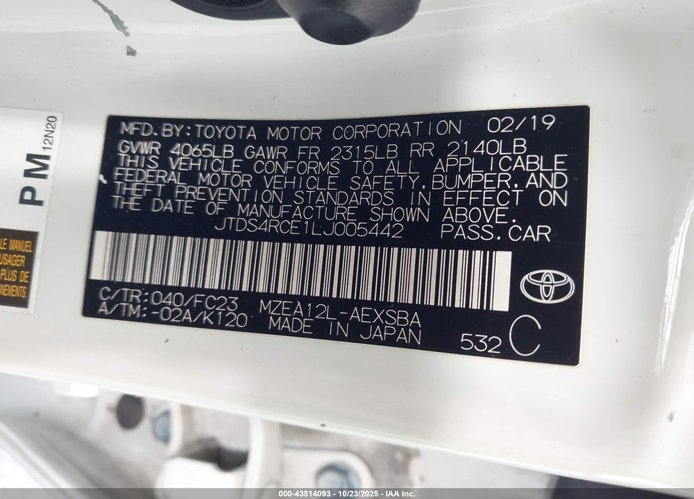 2020 TOYOTA COROLLA VIN: JTDS4RCE1LJ005442