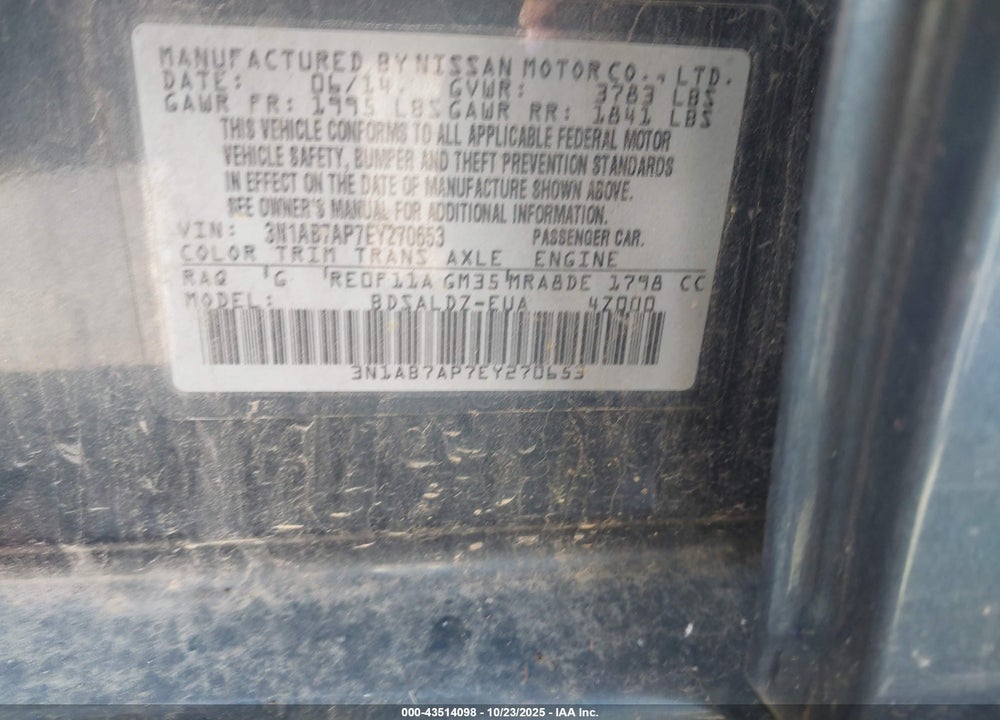 2014 NISSAN SENTRA VIN: 3N1AB7AP7EY270653