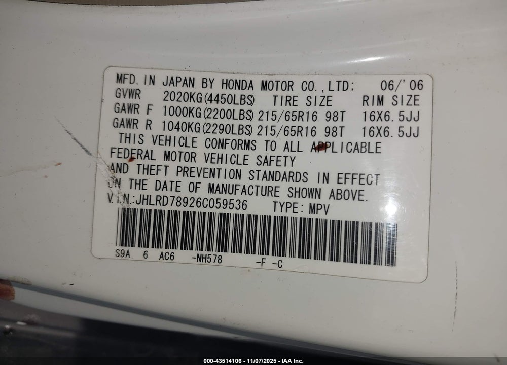 2006 HONDA CR-V SE VIN: JHLRD78926C059536