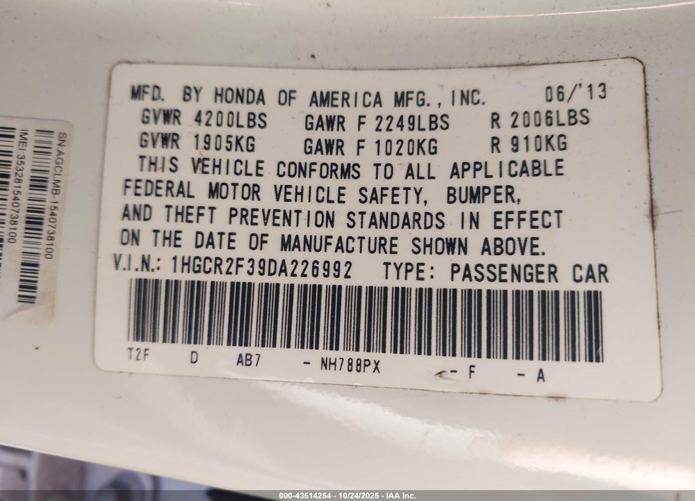 2013 HONDA ACCORD VIN: 1HGCR2F39DA226992