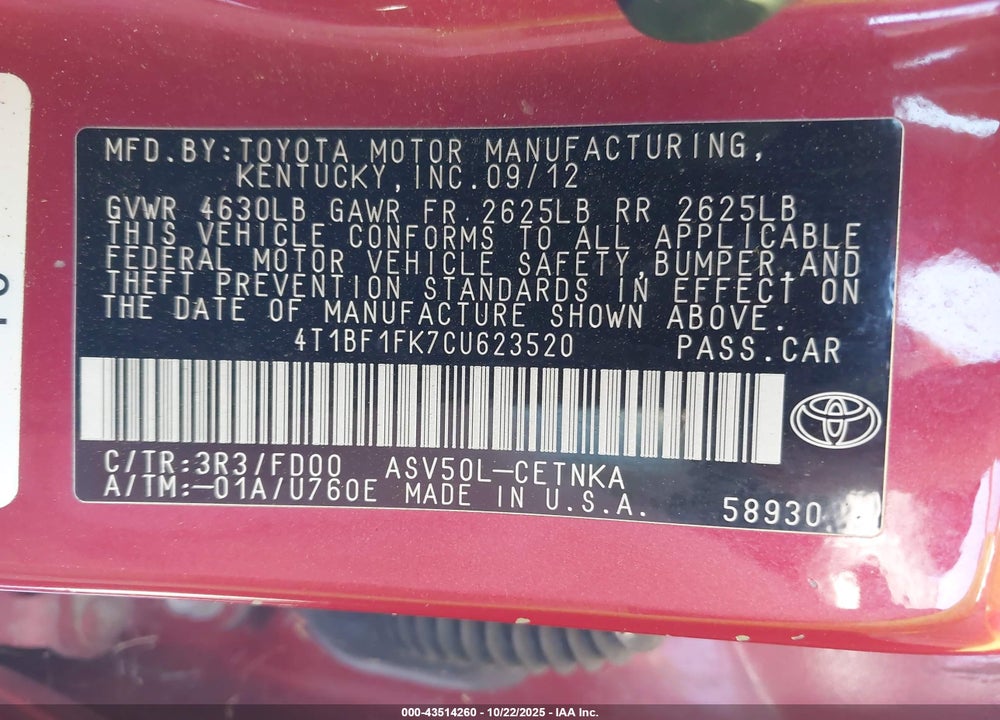 2012 TOYOTA CAMRY LE VIN: 4T1BF1FK7CU623520