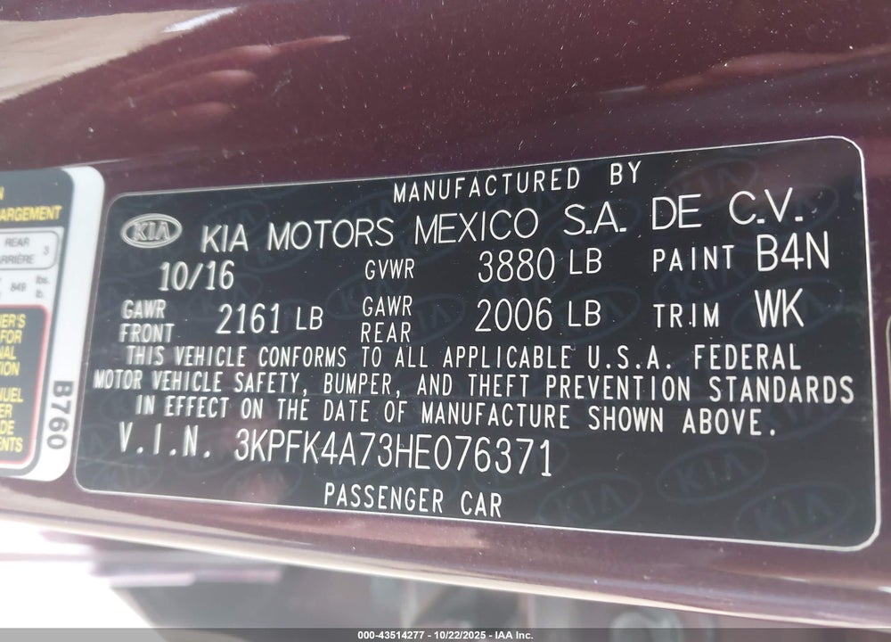 2017 KIA FORTE LX VIN: 3KPFK4A73HE076371