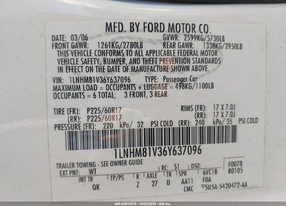 2006 LINCOLN TOWN CAR SIGNATURE VIN: 1LNHM81V36Y637096