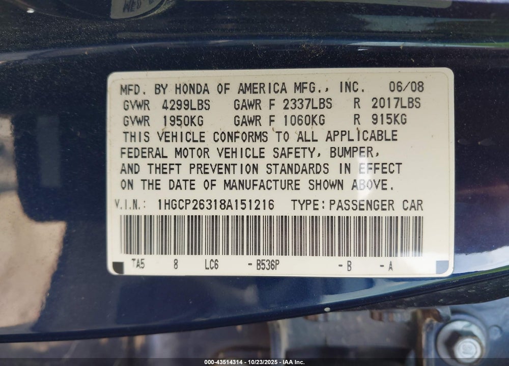 2008 HONDA ACCORD VIN: 1HGCP26318A151216