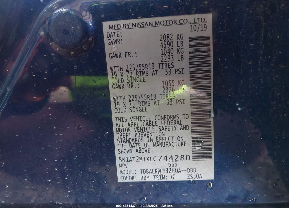 2020 NISSAN ROGUE SL FWD VIN: 5N1AT2MTXLC744280