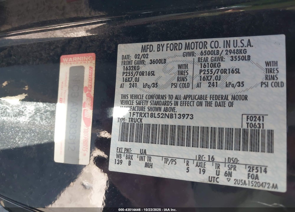 2002 FORD F-150 LARIAT/XL/XLT VIN: 1FTRX18L52NB13973
