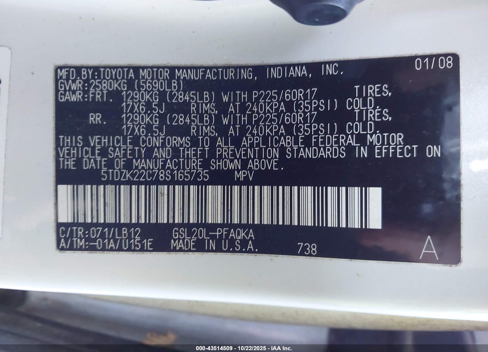 2008 TOYOTA SIENNA VIN: 5TDZK22C78S165735