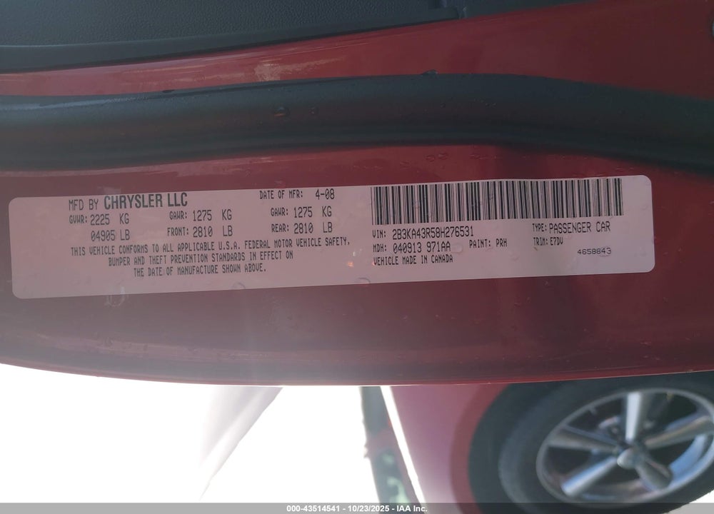 2008 DODGE CHARGER VIN: 2B3KA43R58H276531