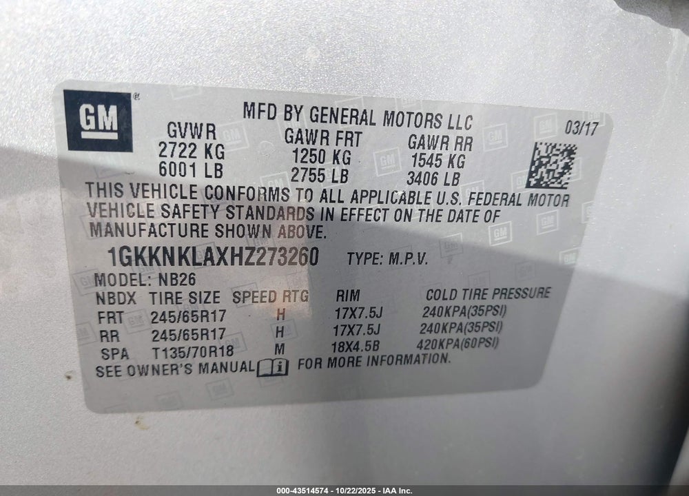 2017 GMC ACADIA SLE-1 VIN: 1GKKNKLAXHZ273260