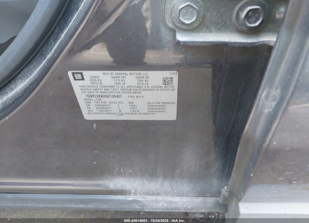 2013 CHEVROLET EQUINOX 1LT VIN: 1GNFLEEK8DZ106407