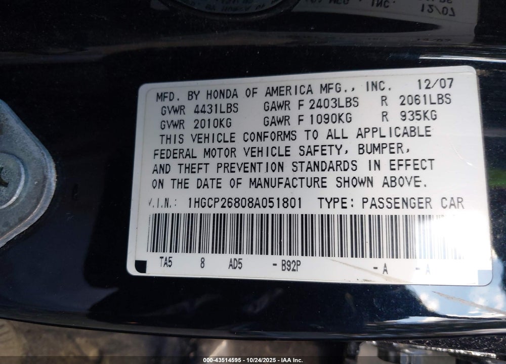 2008 HONDA ACCORD 2.4 EX-L VIN: 1HGCP26808A051801