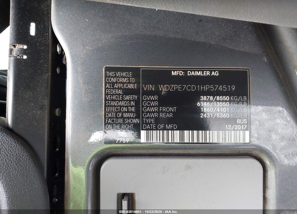 2017 MERCEDES-BENZ SPRINTER 2500 STANDARD ROOF V6 VIN: WDZPE7CD1HP574519