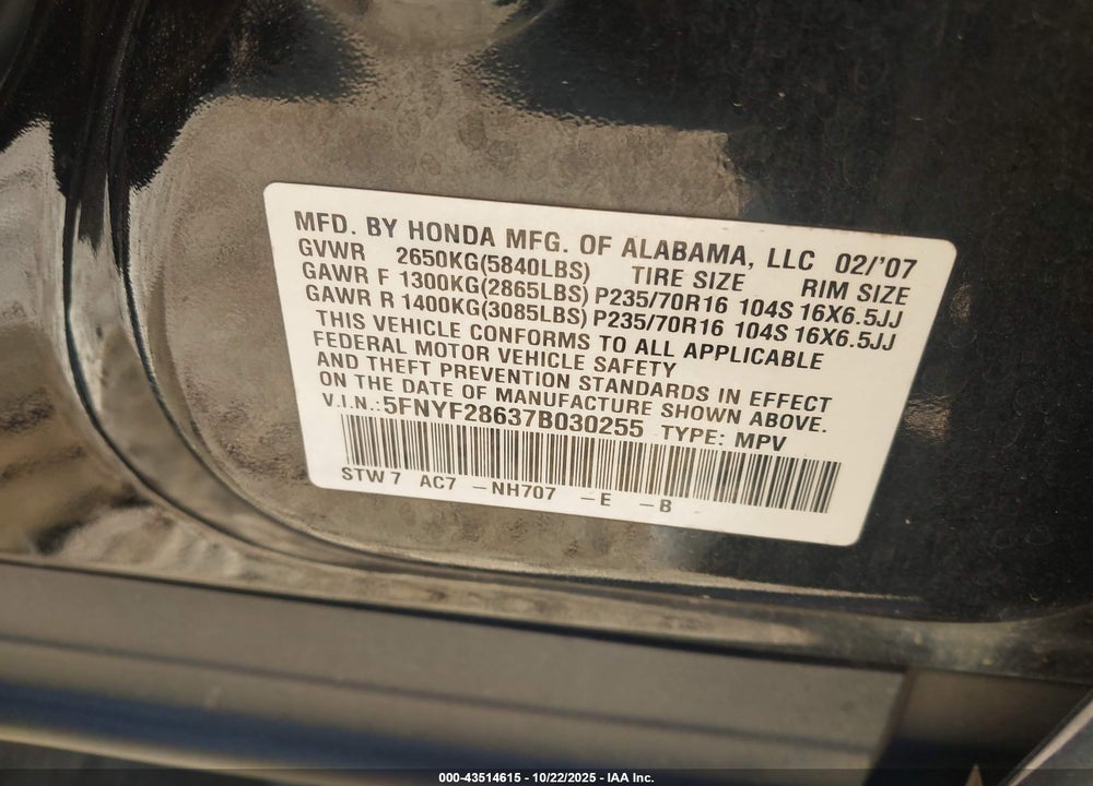 2007 HONDA PILOT EX-L VIN: 5FNYF28637B030255