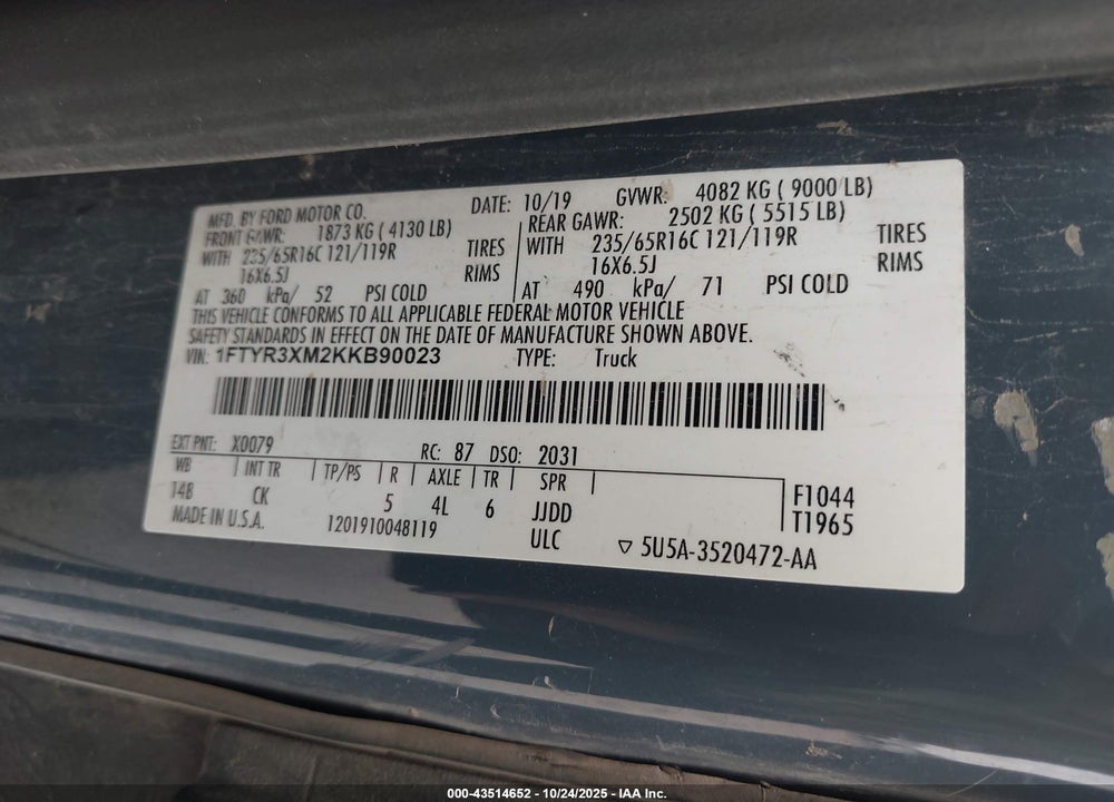 2019 FORD TRANSIT-250 VIN: 1FTYR3XM2KKB90023