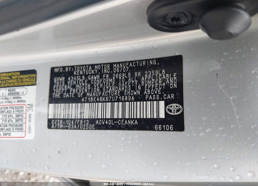 2007 TOYOTA CAMRY LE VIN: 4T1BE46K67U716894