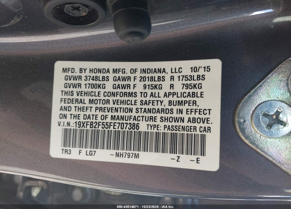 2015 HONDA CIVIC VIN: 19XFB2F55FE707386