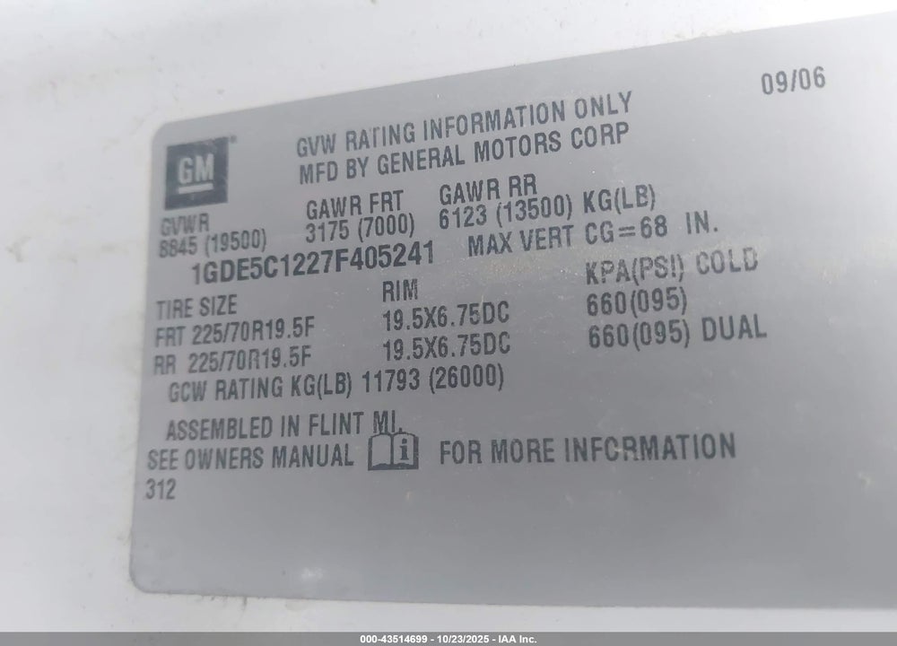 2007 GMC C5500 VIN: 1GDE5C1227F405241