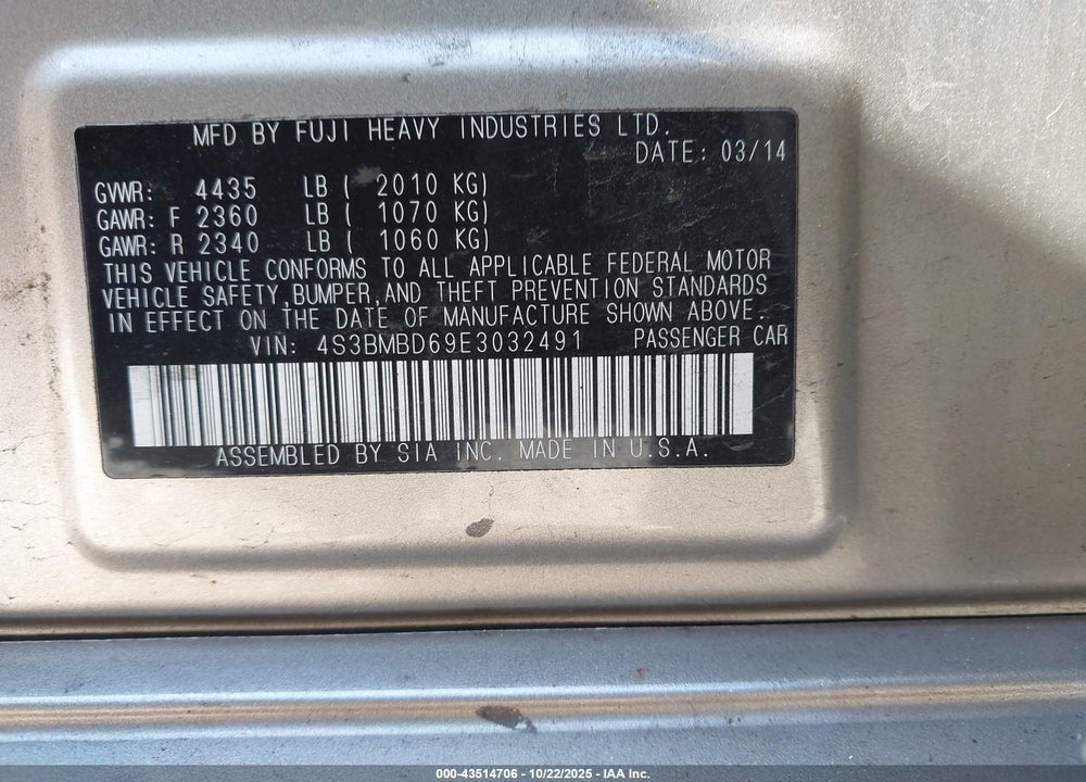 2014 SUBARU LEGACY VIN: 4S3BMBD69E3032491