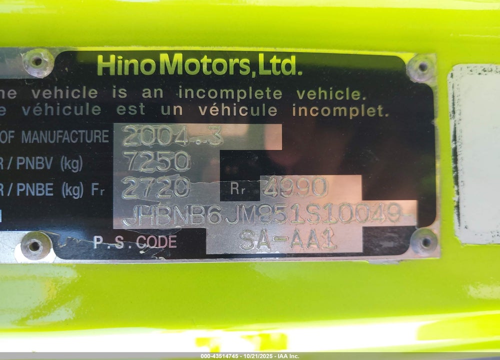 2005 HINO 165 VIN: JHBNB6JM851S10049