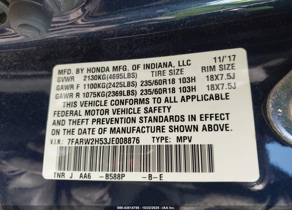 2018 HONDA CR-V EX VIN: 7FARW2H53JE008876