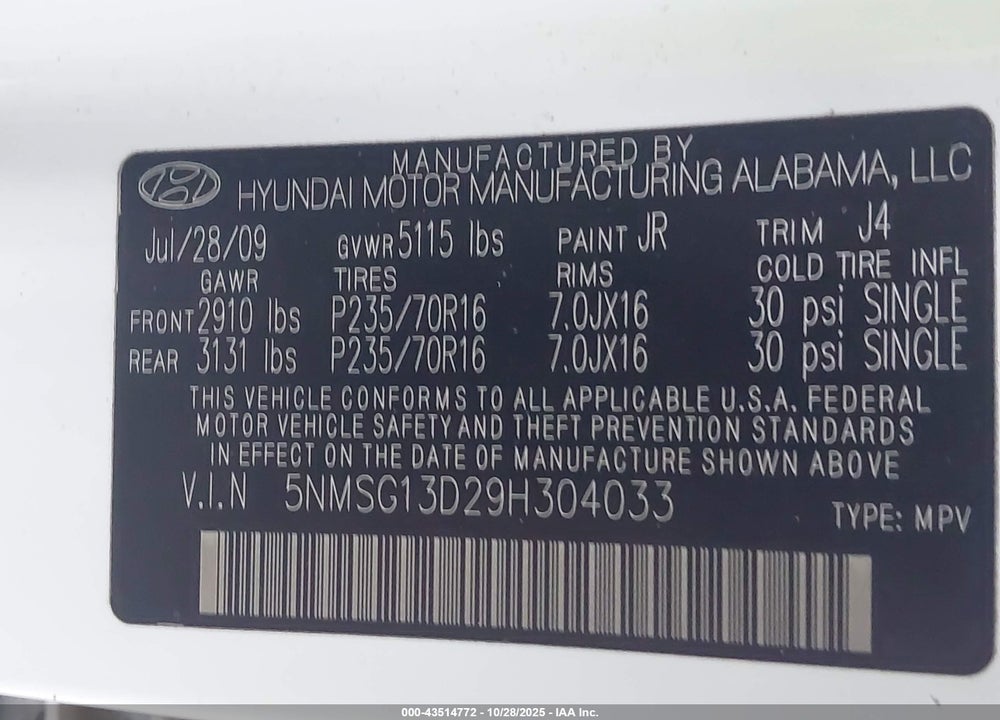 2009 HYUNDAI SANTA FE VIN: 5NMSG13D29H304033