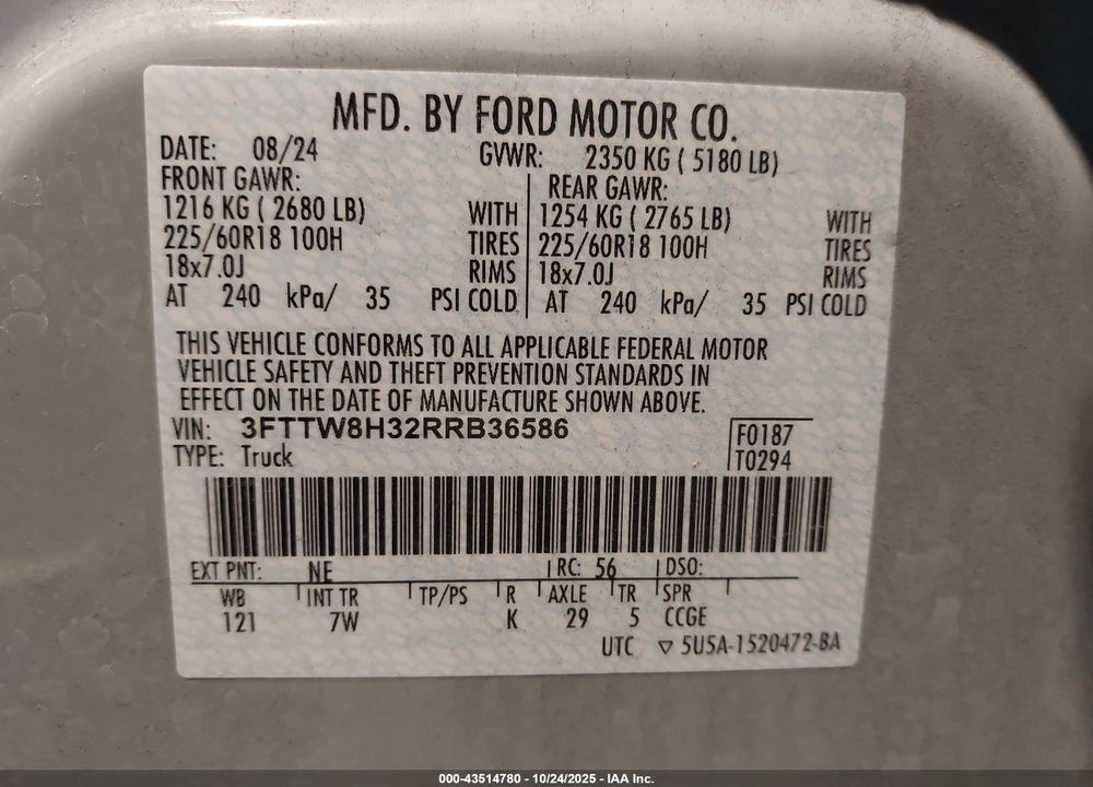 2024 FORD MAVERICK VIN: 3FTTW8H32RRB36586
