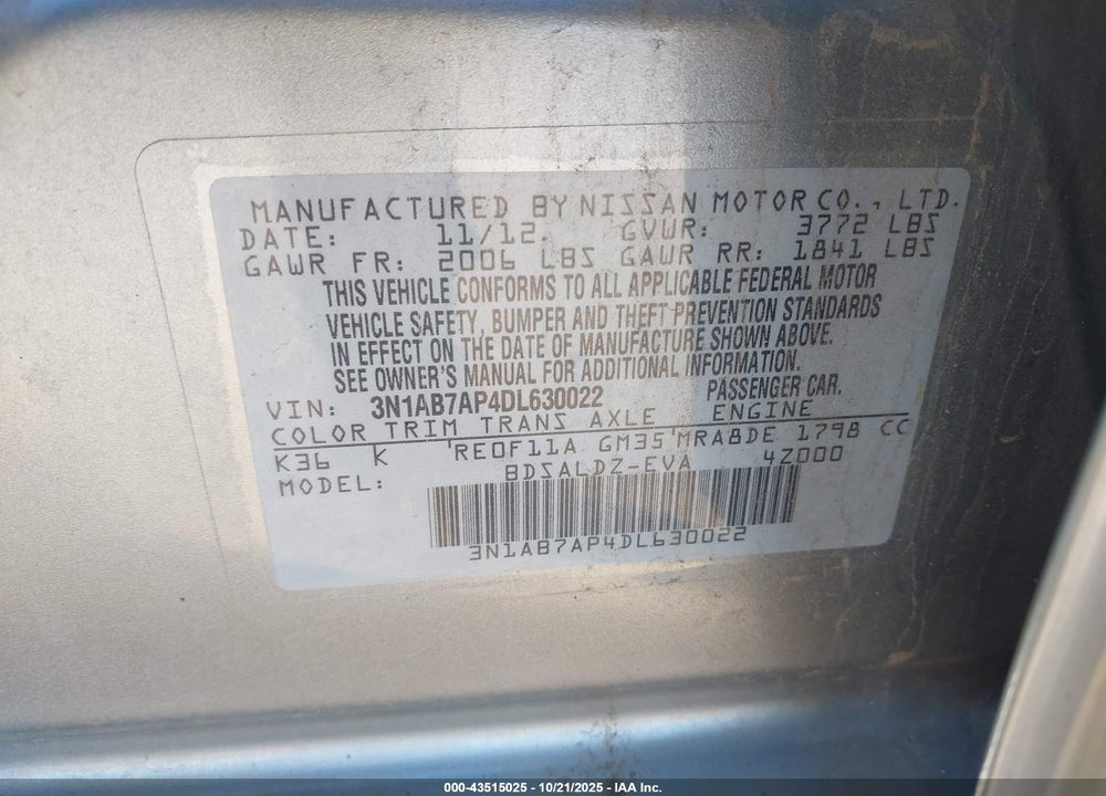 2013 NISSAN SENTRA SV VIN: 3N1AB7AP4DL630022