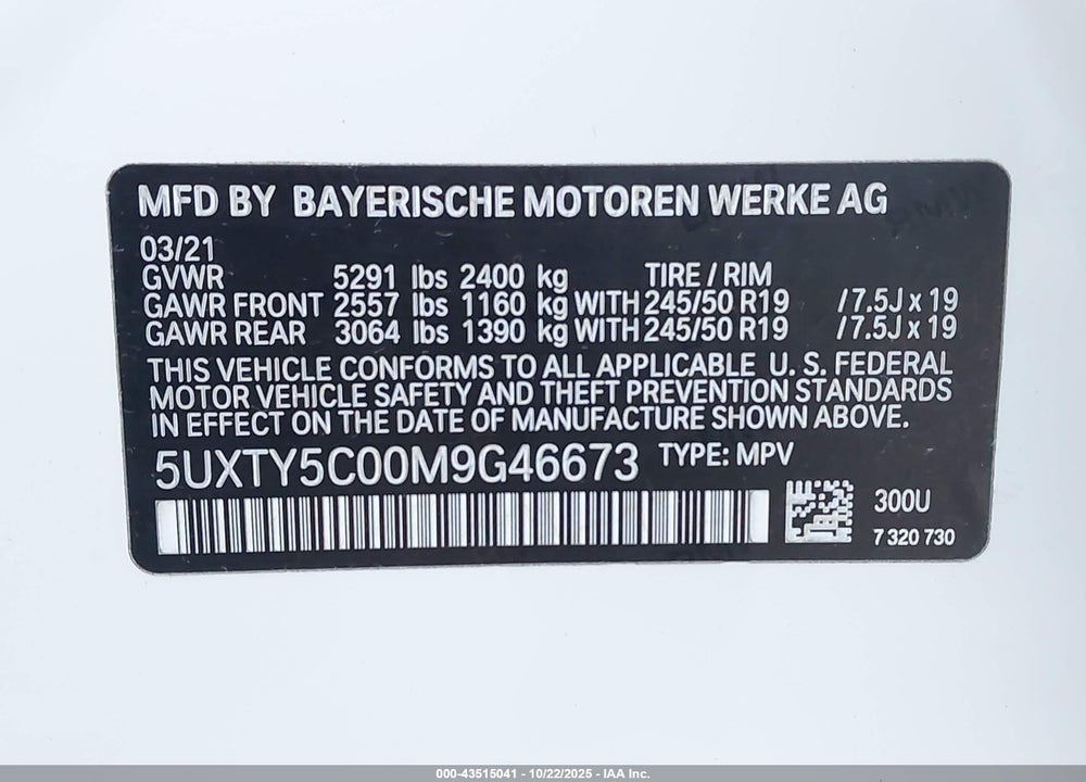 2021 BMW X3 VIN: 5UXTY5C00M9G46673