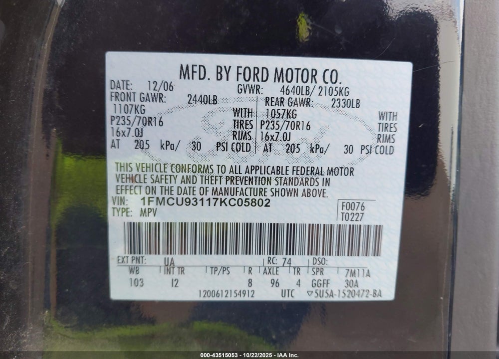 2007 FORD ESCAPE XLT/XLT SPORT VIN: 1FMCU93117KC05802