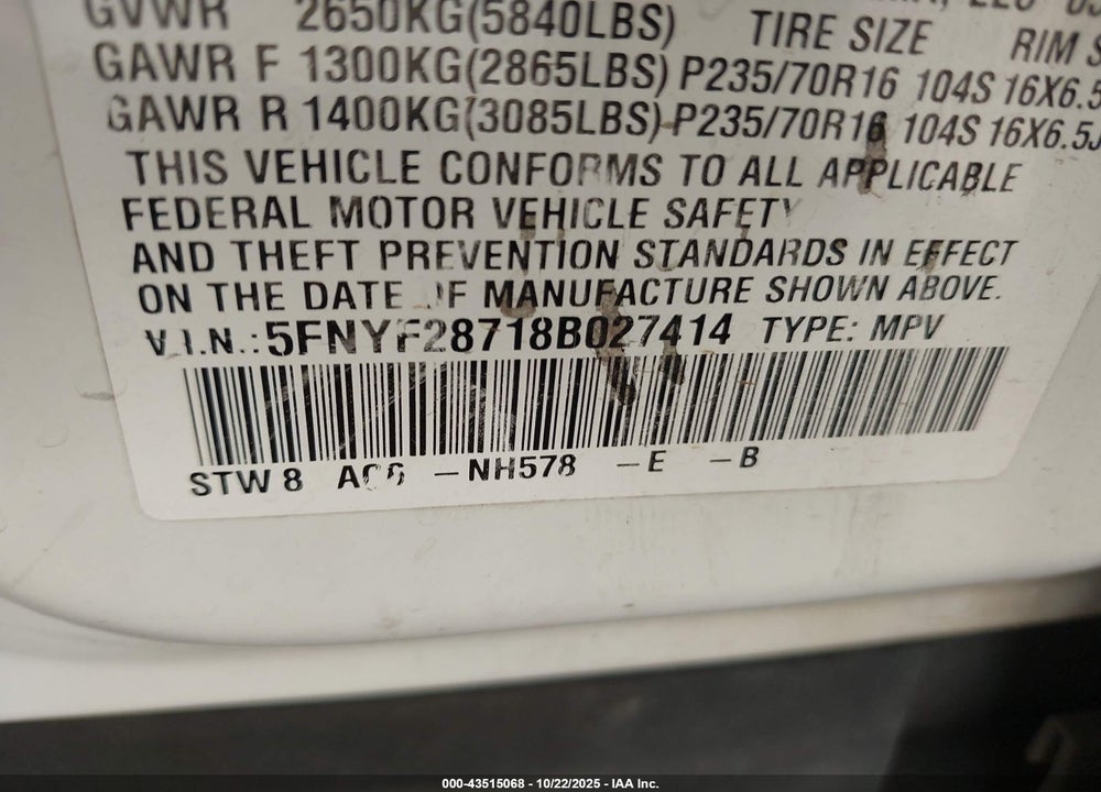 2008 HONDA PILOT EX-L VIN: 5FNYF28718B027414