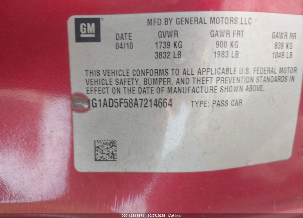 2010 CHEVROLET COBALT VIN: 1G1AD5F58A7214664