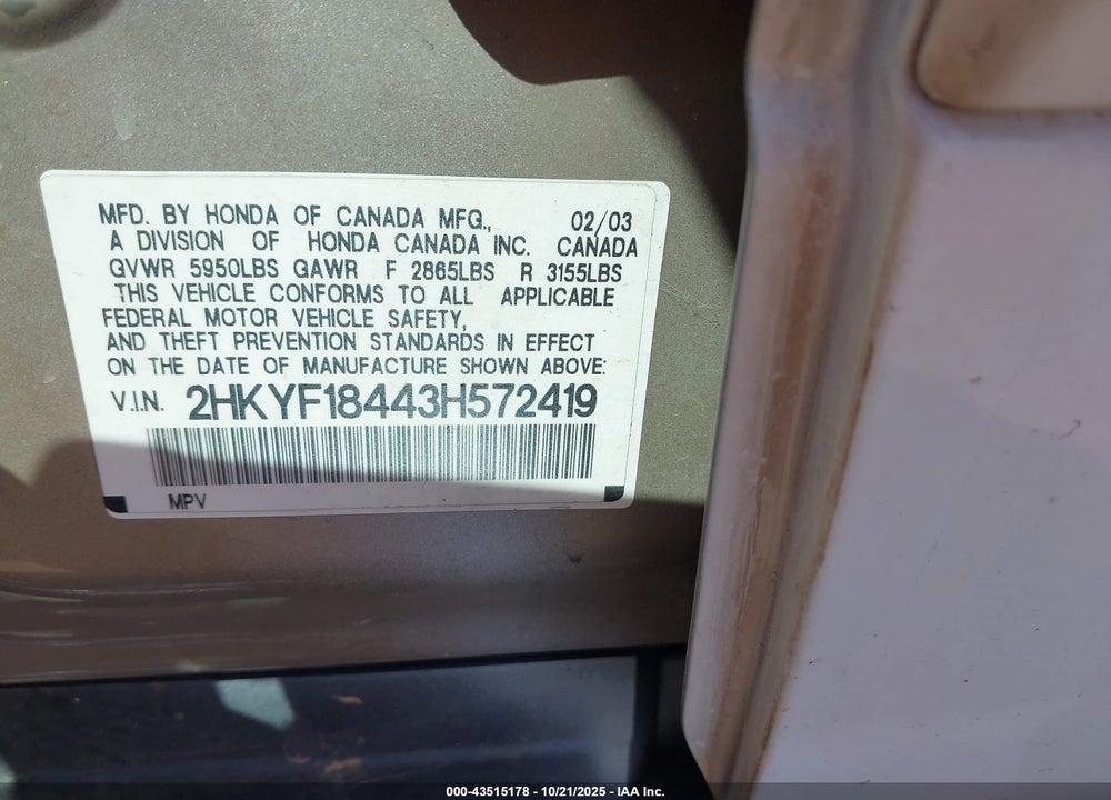 2003 HONDA PILOT EX VIN: 2HKYF18443H572419