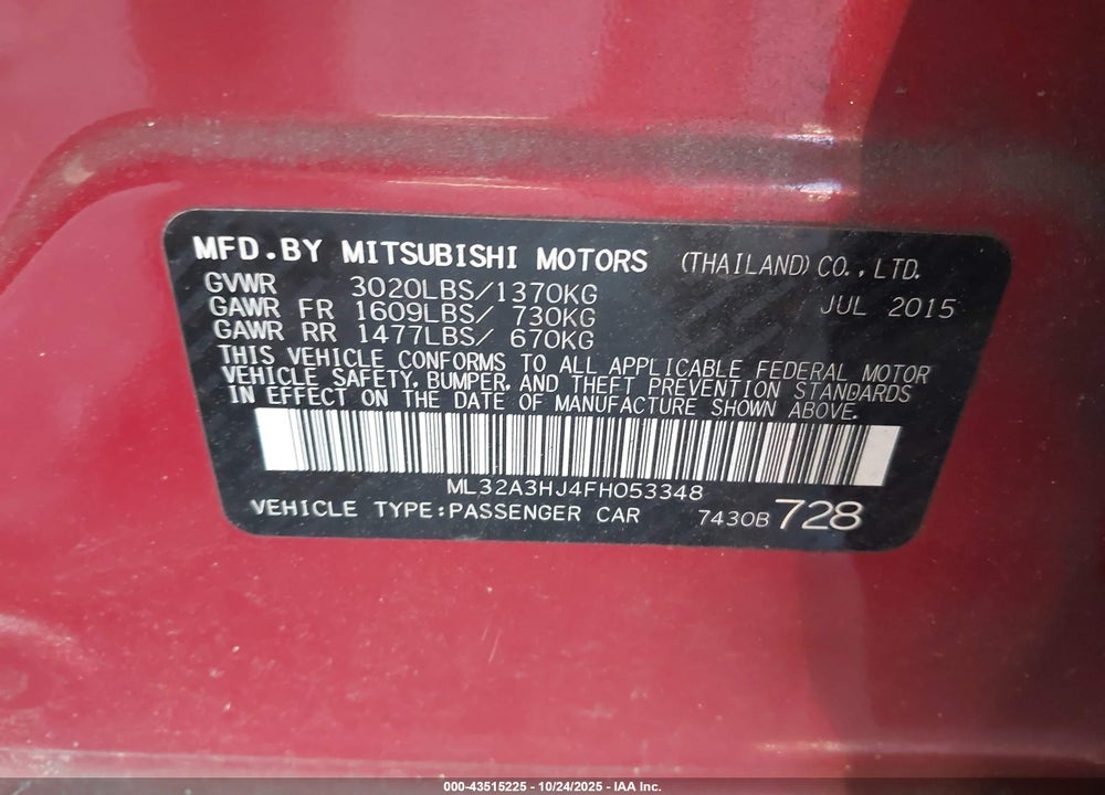 2015 MITSUBISHI MIRAGE VIN: ML32A3HJ4FH053348
