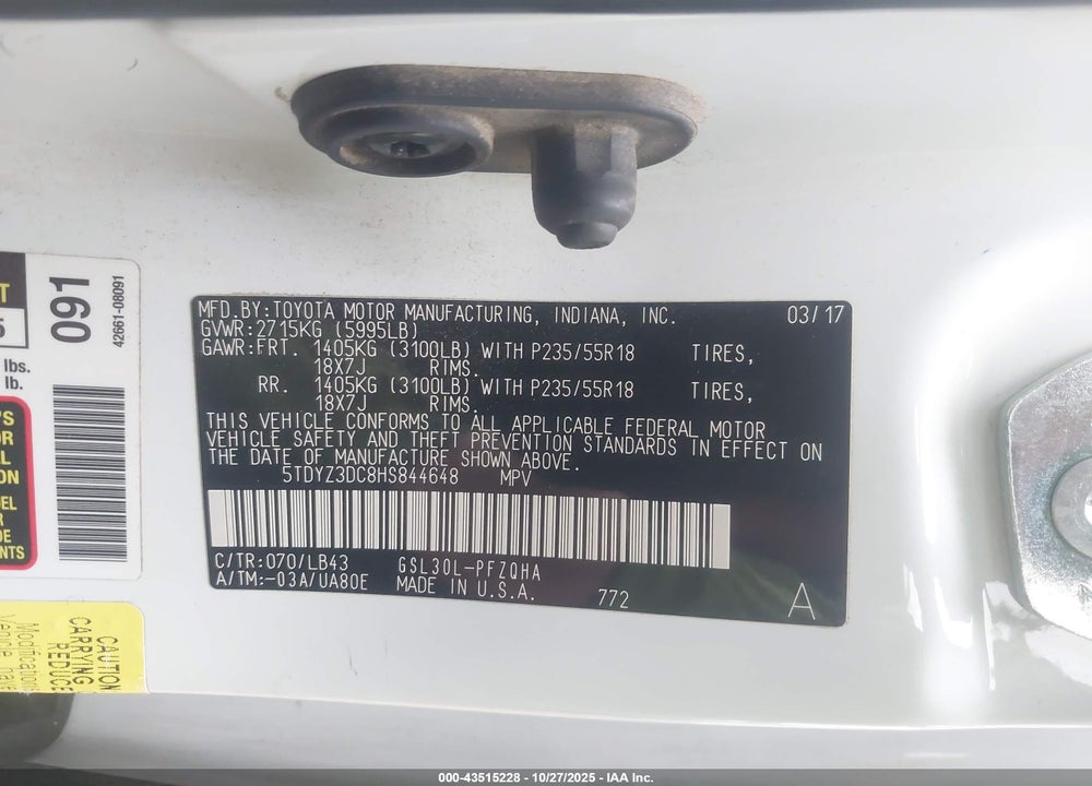2017 TOYOTA SIENNA LIMITED PREMIUM 7 PASSENGER VIN: 5TDYZ3DC8HS844648