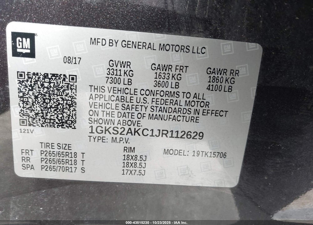 2018 GMC YUKON SLE VIN: 1GKS2AKC1JR112629