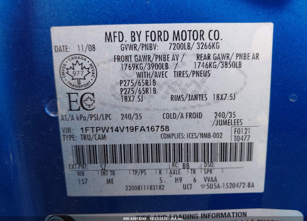 2009 FORD F-150 VIN: 1FTPW14V19FA16758