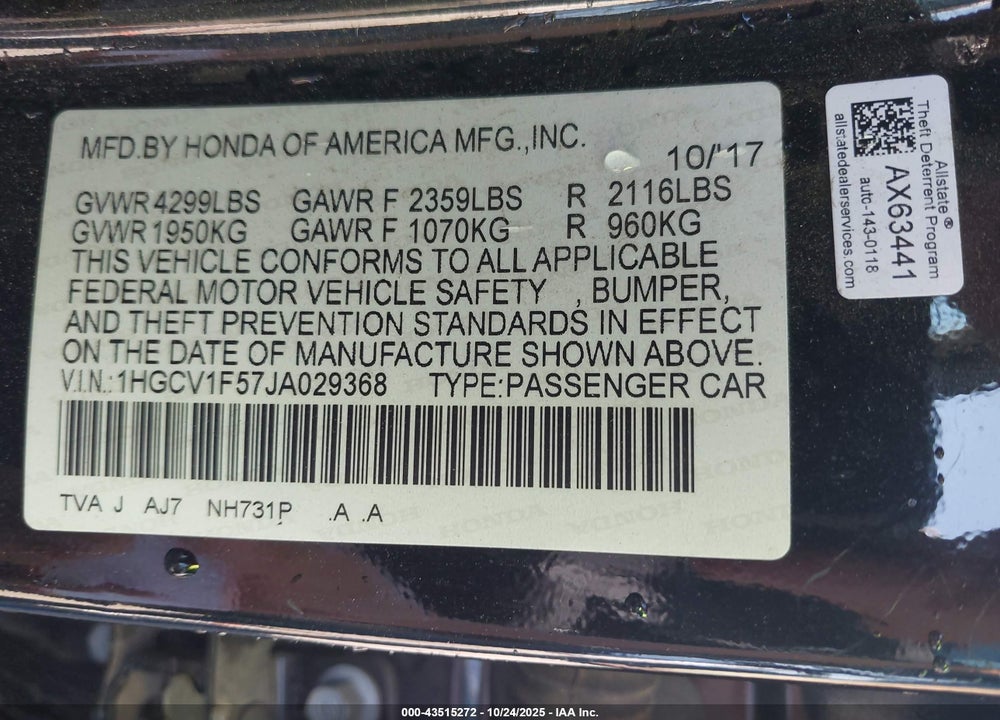 2018 HONDA ACCORD EX-L VIN: 1HGCV1F57JA029368