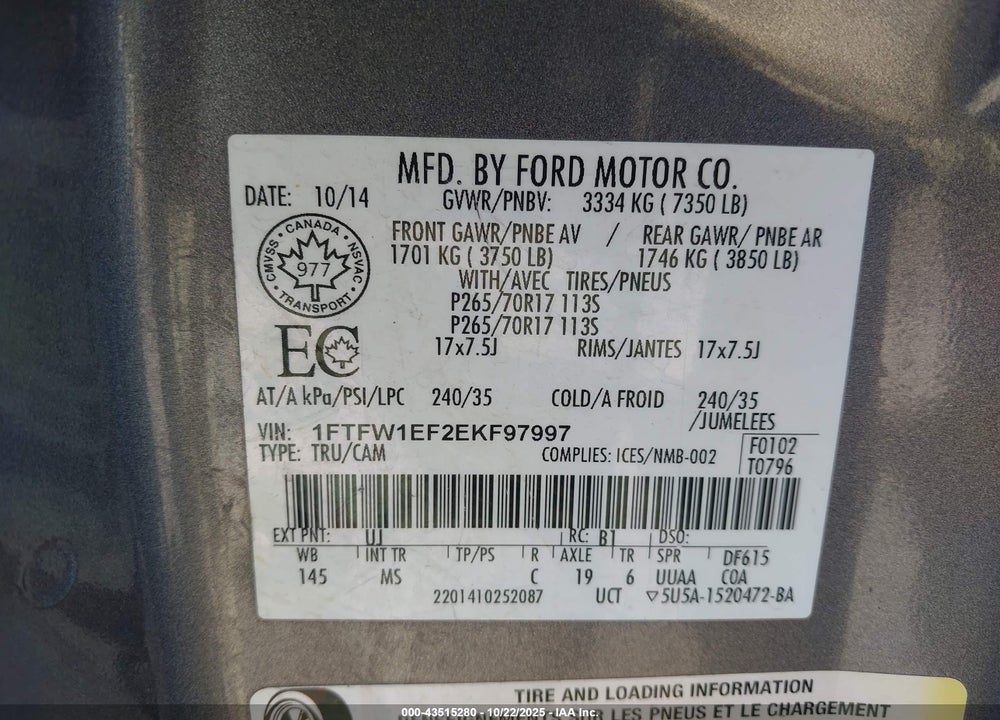2014 FORD F-150 VIN: 1FTFW1EF2EKF97997