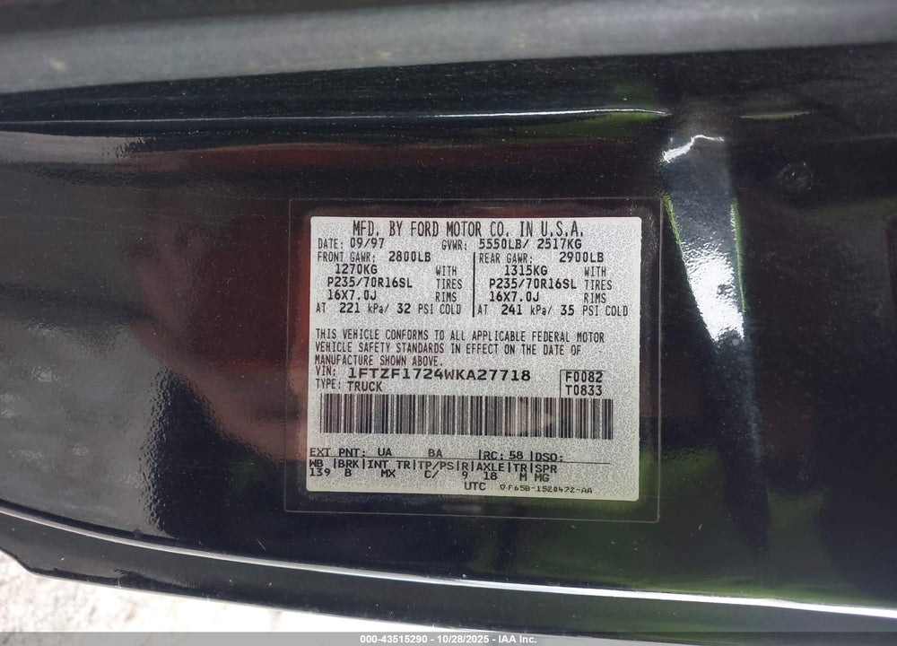 1998 FORD F150 VIN: 1FTZF1724WKA27718