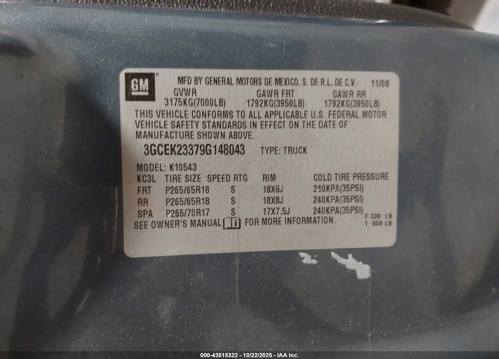 2009 CHEVROLET SILVERADO 1500 LT VIN: 3GCEK23379G148043