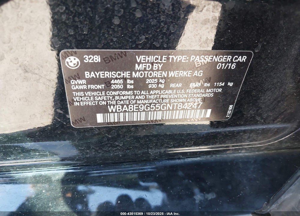 2016 BMW 328I VIN: WBA8E9G55GNT84247