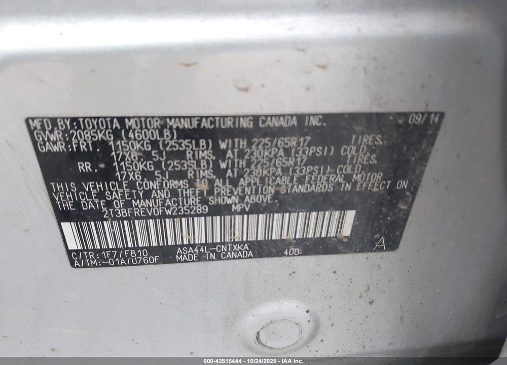 2015 TOYOTA RAV4 LE VIN: 2T3BFREV0FW235289
