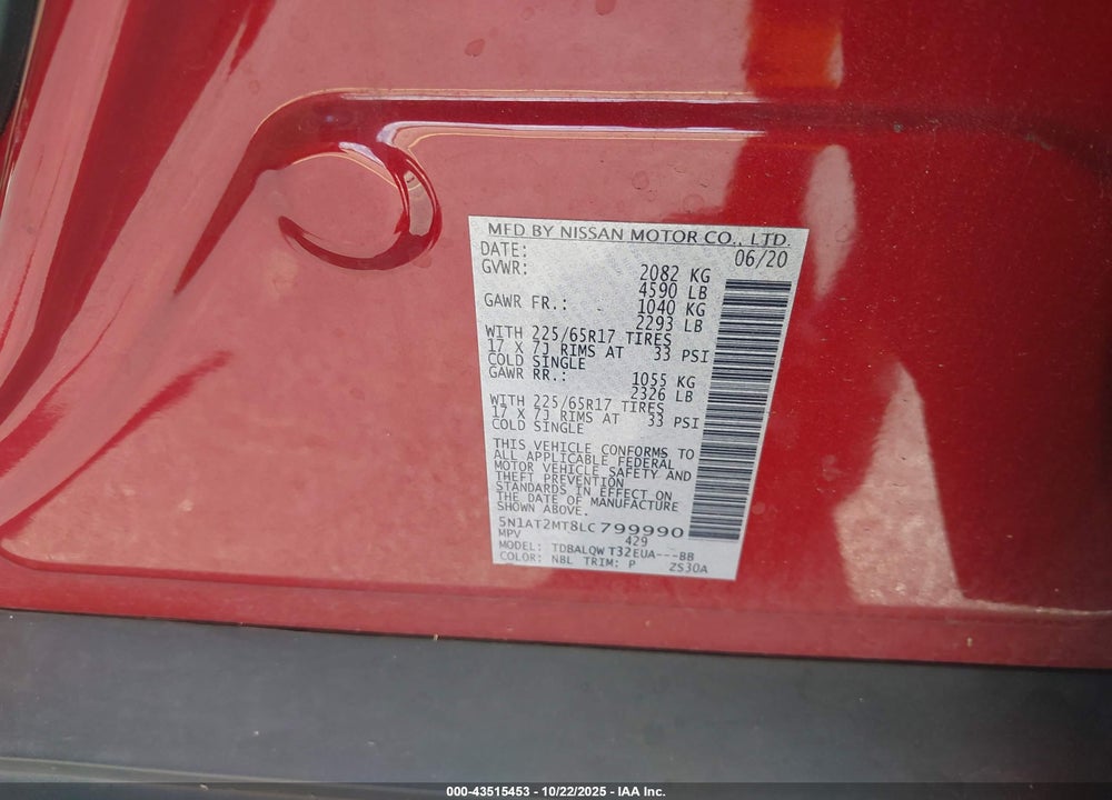 2020 NISSAN ROGUE SV FWD VIN: 5N1AT2MT8LC799990