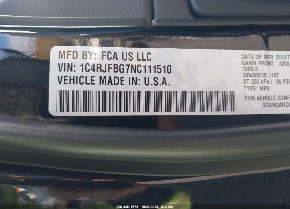 2022 JEEP GRAND CHEROKEE WK VIN: 1C4RJFBG7NC111510