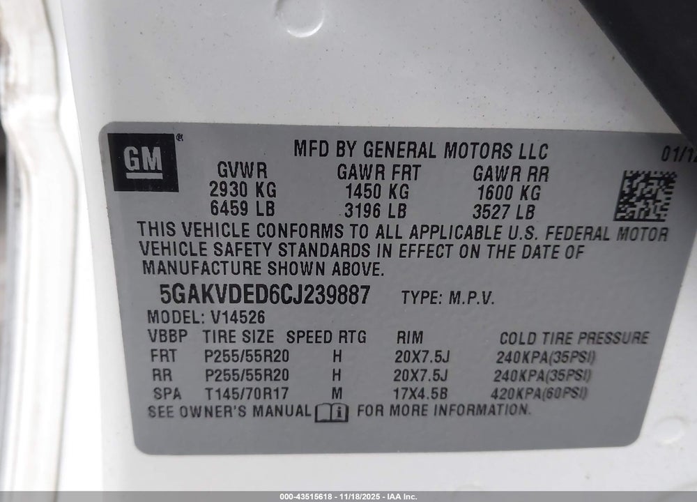 2012 BUICK ENCLAVE VIN: 5GAKVDED6CJ239887