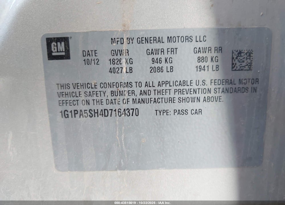 2013 CHEVROLET CRUZE LS AUTO VIN: 1G1PA5SH4D7164370